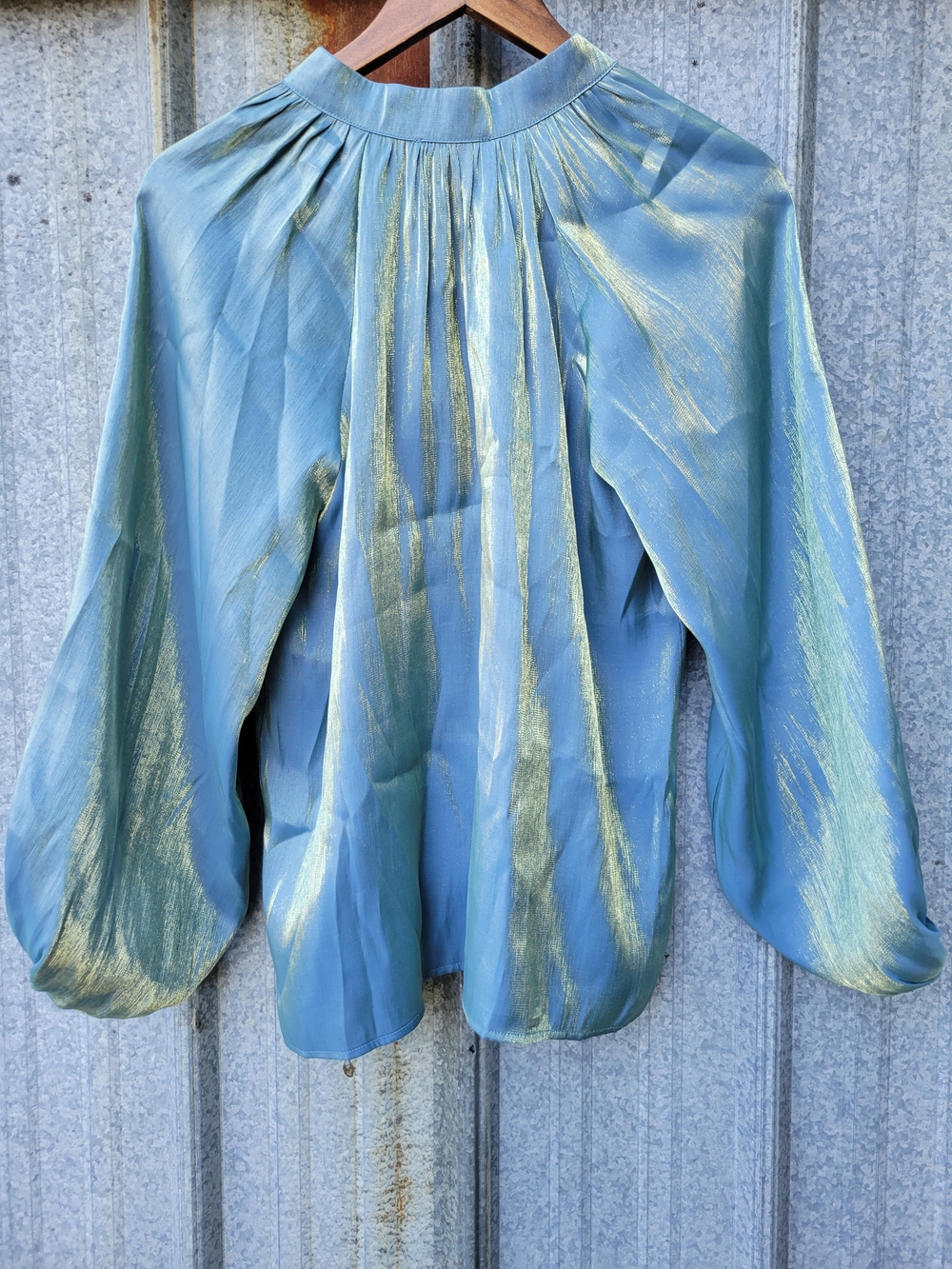 Ciebon Teal Blouse with Metallic Gold Sheen and Tassel Tie - Picture 6 of 12